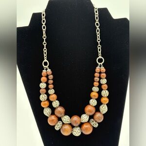 Double Layer Brown Wooden and Sterling Silver Filigree Beaded Necklace